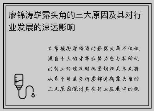 廖锦涛崭露头角的三大原因及其对行业发展的深远影响